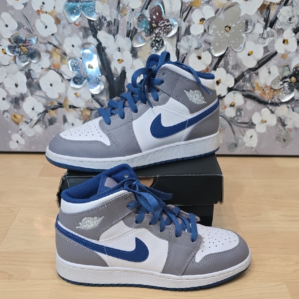 Air Jordan Mid 1 Cement Grey/ True Blue Youth 5.5